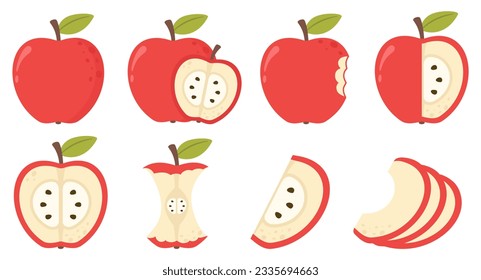 Colección de Apple. Todo, cortado por la mitad, cortado en pedazos de manzana. Ilustración vectorial. manzana roja con hoja verde y media manzana, trozos de fruta y trozos. Diferentes partes del conjunto vectorial de manzanas. 