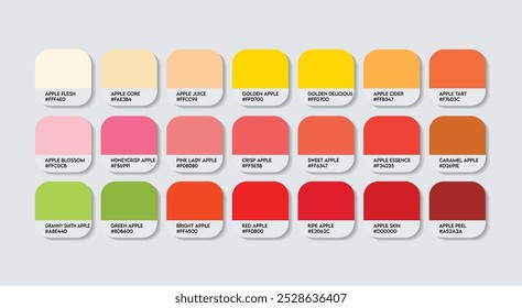 Paleta de Cores da Apple, Paleta do Guia de Cores da Apple com Nomes de Cores. Catálogo Amostras de Vermelho com códigos RGB HEX. pintura, variações naturais de maçãs, e uma moda tendência de tons de cores de frutas de maçã