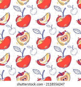 Apple colorful seamless pattern. Hand drawn doodle background for kitchen wallpaper, textile, fabric, menu design isolated on white background.