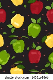 Apple colorful seamless pattern on black background. Red, Green and Yellow apples fruits vector illustration.