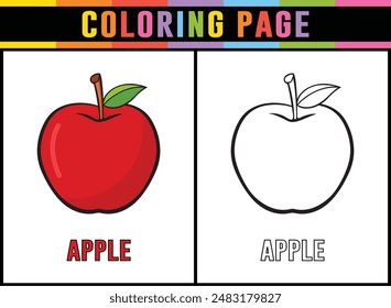 Página para colorear de manzana para niño. Actividad lúdica educativa preescolar. Hoja de dibujo imprimible
