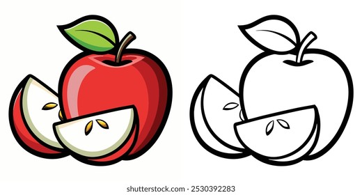 Página Para Colorear De Manzana Para Niños. Libro para colorear de frutas imprimible. Diseño Rojo De La Ilustración vectorial De La Manzana Sobre Fondo Blanco