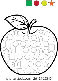 Apple coloring page with shapes inside and shape key at the top for children's activity books.