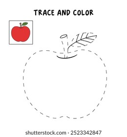 Apple coloring pages for kids. Trace and color Apple. Doodle apple with leaf isolated vector. Coloring book for kids. Worksheet for kids. Kindergarten and preschool worksheets printables for kids.