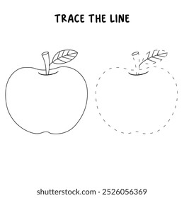 Apple coloring pages for kids. Trace and color Apple. Doodle apple with leaf isolated vector. Coloring book for kids. Worksheet for kids. Kindergarten and preschool worksheets printables for kids.