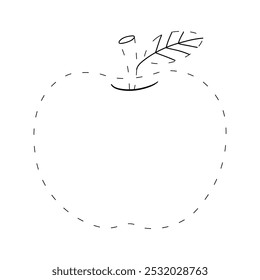 Apple coloring pages for kids. Trace and color Apple. Doodle apple with leaf isolated vector. Coloring Page Apple red fruit. Kindergarten and preschool coloring page worksheets printables for kids.