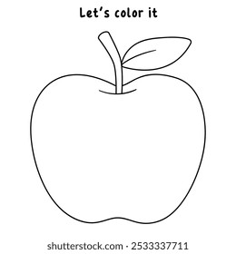 Apple coloring pages for kids. Trace and color apple. Apple with leaf line art vector for coloring books isolated on white background. Kindergarten and preschool worksheets printable for kids. 