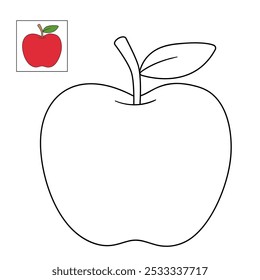 Apple coloring pages for kids. Trace and color apple. Apple with leaf line art vector for coloring books isolated on white background. Kindergarten and preschool worksheets printable for kids. 