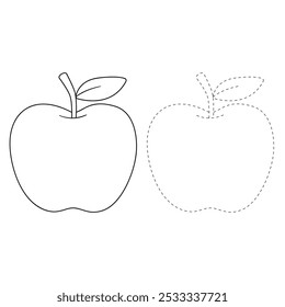 Apple coloring pages for kids. Trace and color apple. Apple with leaf line art vector for coloring books isolated on white background. Kindergarten and preschool worksheets printable for kids. 