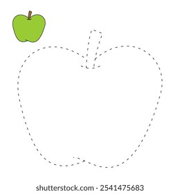 Apple coloring pages for kids. Trace and color Apple. Apple fruit flashcard. Green apple isolated on white background. Kindergarten and preschool worksheets printable for kids. 