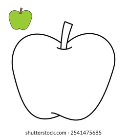 Apple coloring pages for kids. Trace and color Apple. Apple fruit flashcard. Green apple isolated on white background. Kindergarten and preschool worksheets printable for kids. 