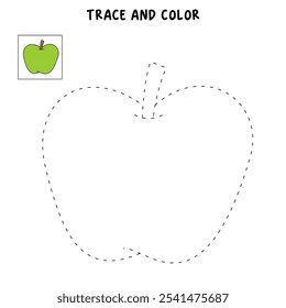 Apple coloring pages for kids. Trace and color Apple. Apple fruit flashcard. Green apple isolated on white background. Kindergarten and preschool worksheets printable for kids. 