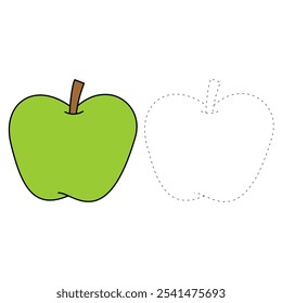 Apple coloring pages for kids. Trace and color Apple. Apple fruit flashcard. Green apple isolated on white background. Kindergarten and preschool worksheets printable for kids. 