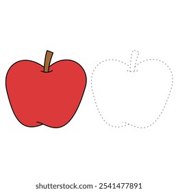 Apple coloring pages for kids. Trace and color Apple. Apple fruit flashcard for kids. Red apple isolated on white background. Kindergarten and preschool worksheets printable for kids. 