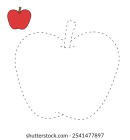 Apple coloring pages for kids. Trace and color Apple. Apple fruit flashcard for kids. Red apple isolated on white background. Kindergarten and preschool worksheets printable for kids. 