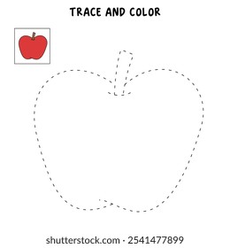 Apple coloring pages for kids. Trace and color Apple. Apple fruit flashcard for kids. Red apple isolated on white background. Kindergarten and preschool worksheets printable for kids. 