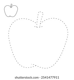 Apple coloring pages for kids. Trace and color Apple. Apple fruit flashcard for kids. Red apple isolated on white background. Kindergarten and preschool worksheets printable for kids. 