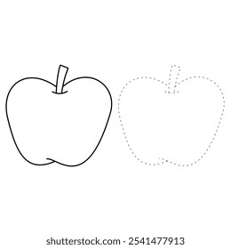 Apple coloring pages for kids. Trace and color Apple. Apple fruit flashcard for kids. Red apple isolated on white background. Kindergarten and preschool worksheets printable for kids. 