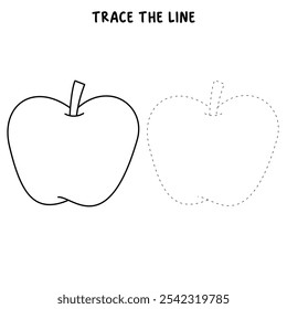 Apple coloring pages for kids. Trace and color Apple. Apple fruit flashcard for kids. Red apple isolated on white background. Kindergarten and preschool worksheets printable for kids. 