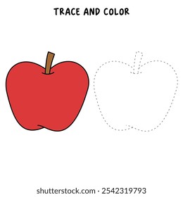 Apple coloring pages for kids. Trace and color Apple. Apple fruit flashcard for kids. Red apple isolated on white background. Kindergarten and preschool worksheets printable for kids. 