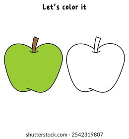 Apple coloring pages for kids. Trace and color Apple. Apple fruit flashcard. Green apple isolated on white background. Kindergarten and preschool worksheets printable for kids. 