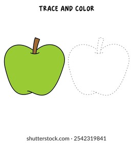 Apple coloring pages for kids. Trace and color Apple. Apple fruit flashcard. Green apple isolated on white background. Kindergarten and preschool worksheets printable for kids. 