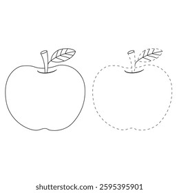 Apple coloring pages for kids. Trace and color Apple. Doodle red apple with leaf isolated vector. Coloring book for kids. Worksheet for kids. Kindergarten and preschool worksheets printables for kids.