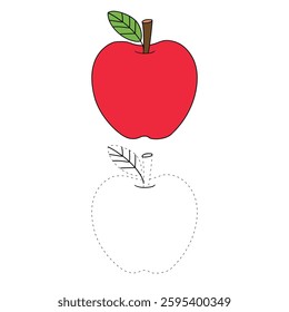 Apple coloring pages for kids. Trace and color Apple. Doodle red apple with leaf isolated vector. Coloring book for kids. Worksheet for kids. Kindergarten and preschool worksheets printables for kids.