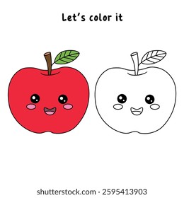 Apple coloring pages for kids. Trace and color Apple. Doodle red apple with leaf isolated vector. Coloring book for kids. Kawaii apple. Kindergarten and preschool worksheets printables for kids.