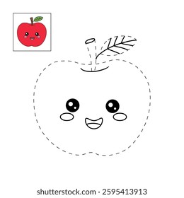 Apple coloring pages for kids. Trace and color Apple. Doodle red apple with leaf isolated vector. Coloring book for kids. Kawaii apple. Kindergarten and preschool worksheets printables for kids.