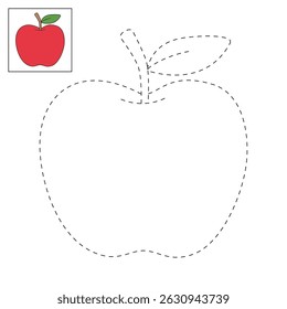 Apple coloring pages for kids. Trace and color Apple. Apple fruit flashcard for kids vector illustration. Letters A is for Apple. Fun fruit worksheets printable for kids activity.