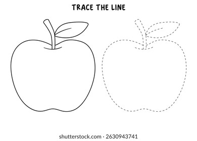 Apple coloring pages for kids. Trace and color Apple. Apple fruit flashcard for kids vector illustration. Letters A is for Apple. Fun fruit worksheets printable for kids activity.