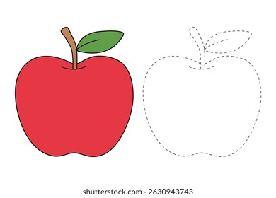 Apple coloring pages for kids. Trace and color Apple. Apple fruit flashcard for kids vector illustration. Letters A is for Apple. Fun fruit worksheets printable for kids activity.