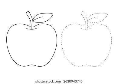 Apple coloring pages for kids. Trace and color Apple. Apple fruit flashcard for kids vector illustration. Letters A is for Apple. Fun fruit worksheets printable for kids activity.