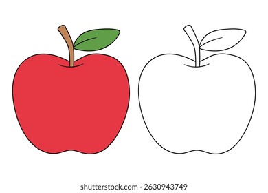 Apple coloring pages for kids. Trace and color Apple. Apple fruit flashcard for kids vector illustration. Letters A is for Apple. Fun fruit worksheets printable for kids activity.