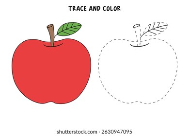 Apple coloring pages for kids. Trace and color Apple. Apple fruit flashcard for kids vector illustration. Letters A is for Apple. Fun fruit worksheets printable for kids activity.