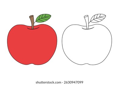 Apple coloring pages for kids. Trace and color Apple. Apple fruit flashcard for kids vector illustration. Letters A is for Apple. Fun fruit worksheets printable for kids activity.