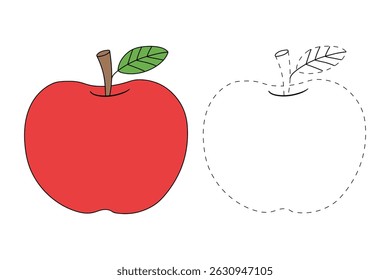 Apple coloring pages for kids. Trace and color Apple. Apple fruit flashcard for kids vector illustration. Letters A is for Apple. Fun fruit worksheets printable for kids activity.