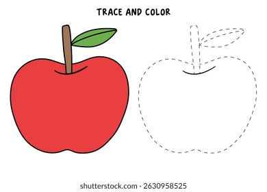 Apple coloring pages for kids. Trace and color Apple. Apple fruit flashcard for kids vector illustration. Letters A is for Apple. Fun fruit worksheets printable for kids activity.