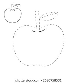 Apple coloring pages for kids. Trace and color Apple. Apple fruit flashcard for kids vector illustration. Letters A is for Apple. Fun fruit worksheets printable for kids activity.