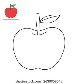 Apple coloring pages for kids. Trace and color Apple. Apple fruit flashcard for kids vector illustration. Letters A is for Apple. Fun fruit worksheets printable for kids activity.