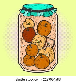 Apple compote. Preservation for the winter. Sketch scratch board imitation. Pop art sketch picture, vector.