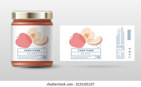 Apple confiture. Sweet jam. Transparent slices, halves and cut fruits. Label and packaging simple design.