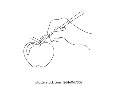 Apple continuous one line art and frui isolated outline minimalist design With white Background

