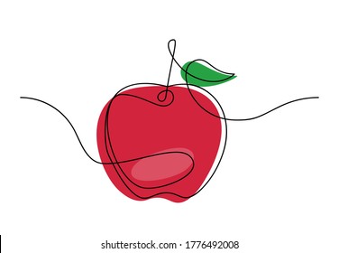 Apple in continuous single line drawing style for logo. Modern poster with hand drawn red apple fruit isolated on white background. Minimalistic vector illustration