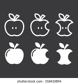 Apple, apple core, bitten, half vector icon set . Vector illustration