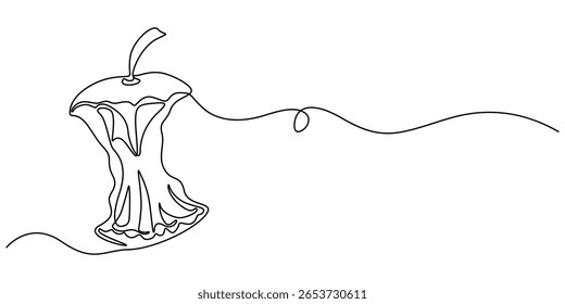Apple core continuous line drawing art. Abstract simple apple core. One line continuous outline isolated vector illustration, A continuous single line drawing of an apple core, symbolizing nature.