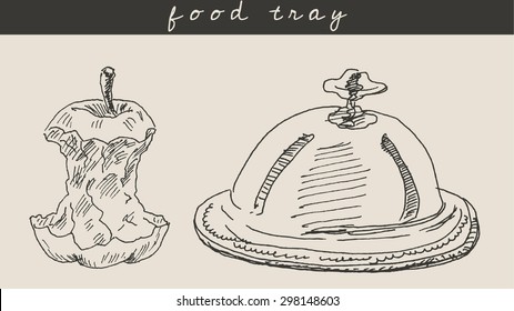 Apple core and  dome dish food tray as ecology concept, in engraving etching sketch hand drawing style