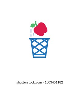 Apple core and garbage basket flat icon, vector sign, colorful pictogram isolated on white. Food waste bin symbol, logo illustration. Flat style design