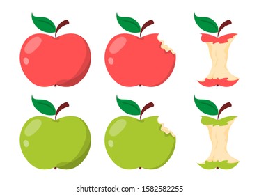 Apple core. Green and red sweet fruit. Illustration of food with a bite. Vector isolated delicious apple.